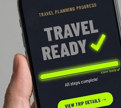 Clear Team Travel Updates Mobile screen showing a travel ready status update for team travel planning.