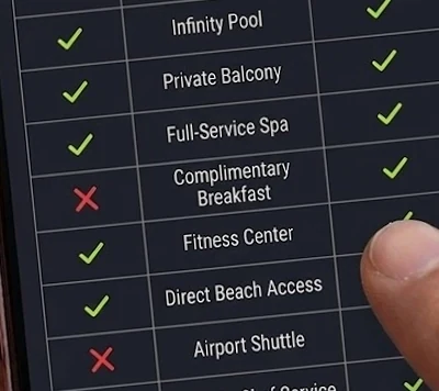 Compare Team Hotel Options Mobile screen comparing hotel amenities for team travel planning.