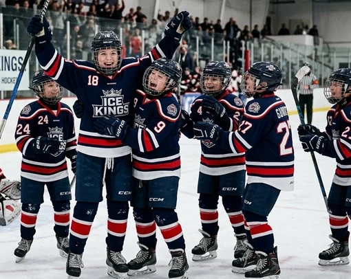 Youth hockey team celebrating during a game as part of a smarter team travel booking process.