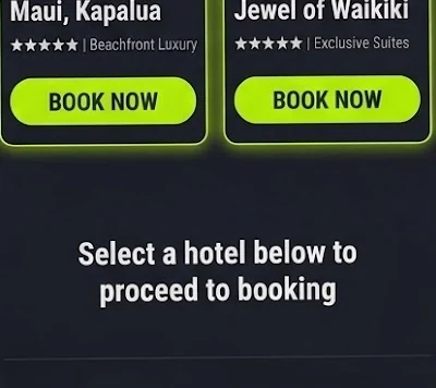 Team Travel Hotel Booking Mobile booking screen with hotel options and book now buttons for team travel.
