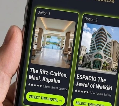 Youth Sports Hotel Choices Mobile screen showing hotel choices for a youth sports team travel trip.