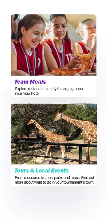 Youth Sports Travel Phone App Phone screen showing team meals and tours for a youth sports travel app.