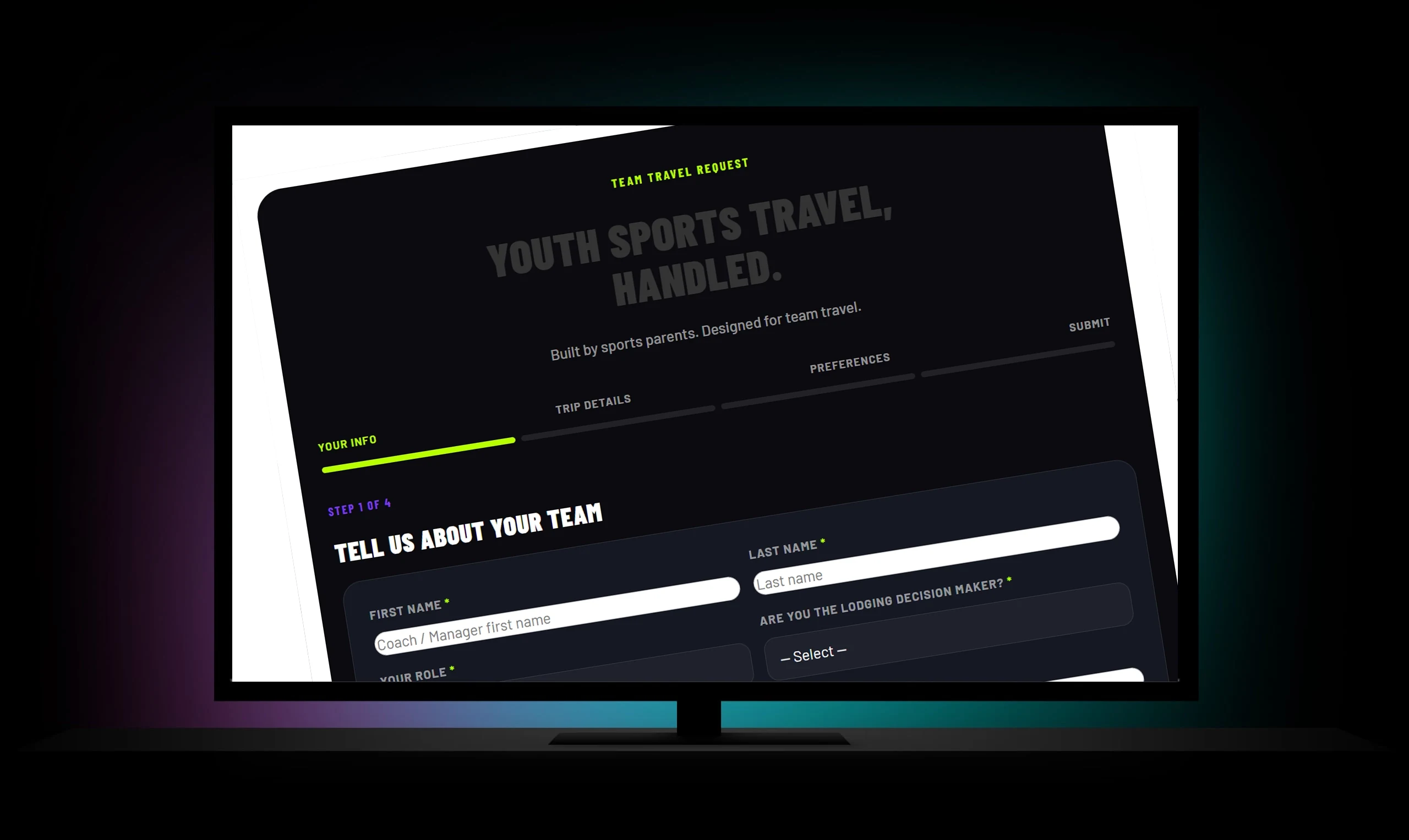 Youth Sports Travel Request Form Online youth sports travel request form shown on a desktop screen.